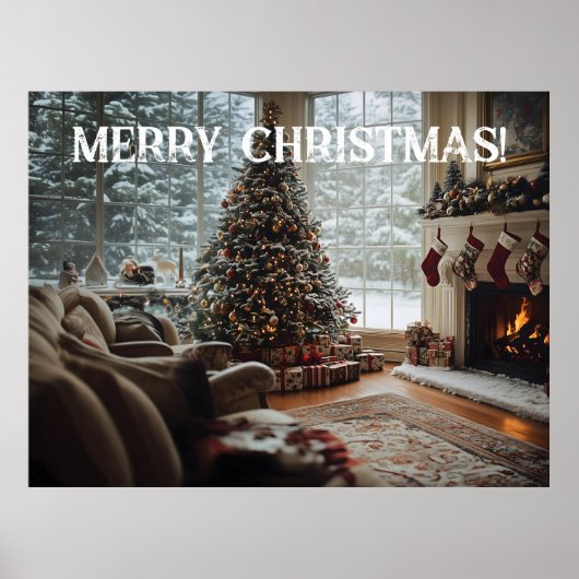 Poster Chambre confortable Noël, Cheminée, Arbre et Bas (Devant)