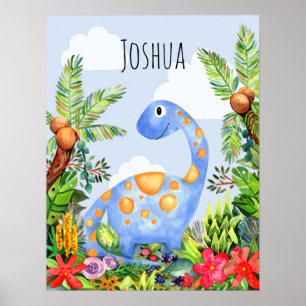 Poster Chambre de bébé garçon dinosaure aquarelle jungle 