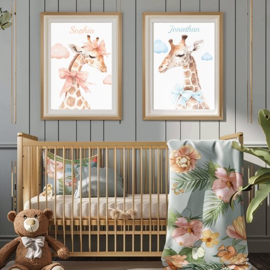 Poster Chambre de bébé garçon girafe au ruban bleu