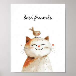 Poster Chambre d'enfant aquarelle amis oiseaux chat migno