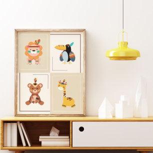 Poster Chambre d'enfants Animaux de la Forêt Bohème Neutr