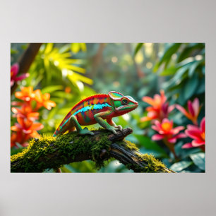Poster Chameleon coloré entouré de feuillage luxuriant