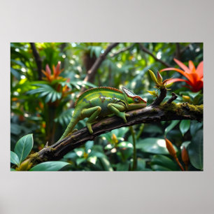 Poster Chaméléon vert entouré de feuillage luxuriant