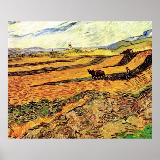 Poster Champ avec laboureur et moulin Vincent van Gogh (Devant)