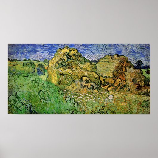 Poster Champ avec meules de blé par Vincent van Gogh (Devant)