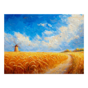 Poster Champ de blé avec moulin à vent éloigné