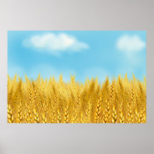 Poster Champ de blé doré ciel bleu peinture à l'huile été
