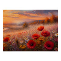 Champ de coquelicots au coucher du soleil, peintur