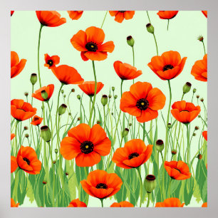 Poster Champ de coquelicots orange vibrant aquarelle été