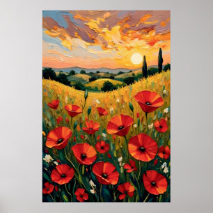 Poster Champ de Coquelicots Rouges Peinture à l'Huile