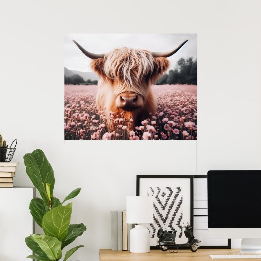 Poster Champ de Fleur sauvage écossais Highland Cow (Bureau à domicile)