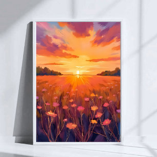 Poster Champ de fleurs aquarelle coucher de soleil heure