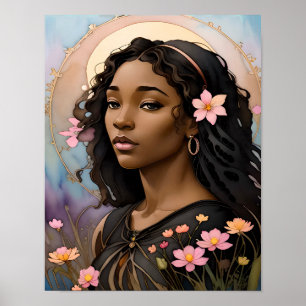 Poster Champ de fleurs Belle Femme fleurs dans les cheveu