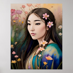 Poster Champ de fleurs Belle femme fleurs dans les cheveu