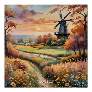 Poster Champ de fleurs de moulin à vent mignonne Imaginai