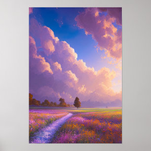 Poster Champ de fleurs roses et violettes