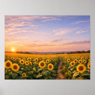 Poster Champ de tournesols Coucher de soleil Paysage