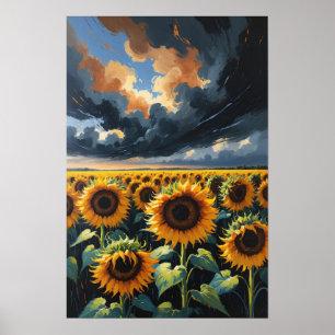 Poster Champ de Tournesols sous un Paysage Céleste Dramat