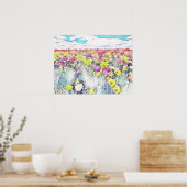 Poster Champ rose jaune des tulipes Dessin rétro (Cuisine)