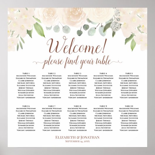 Poster Champagne Blush Boho Roses 10 Table Seating Chart (Devant)
