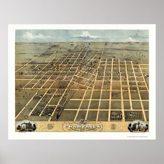 Poster Champaign, IL Panoramic Map - 1869 (Devant)