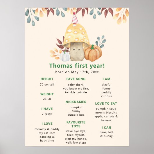 Poster Champignon d'automne Premier anniversaire Jalon An (Devant)