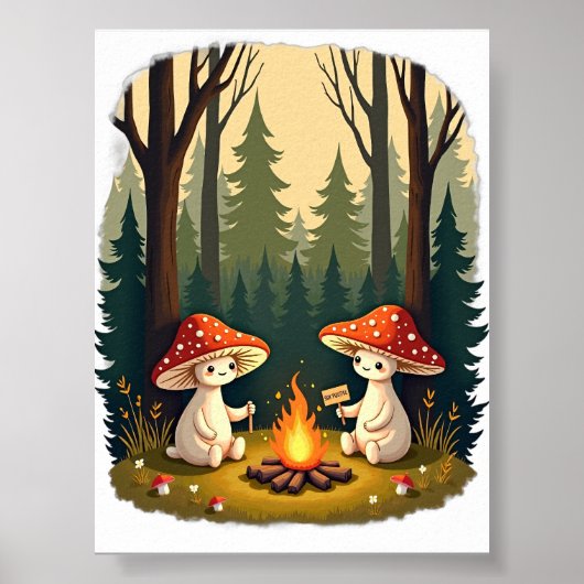 Poster Champignon Reste Positif Feu de Camp Rétro Art (Devant)