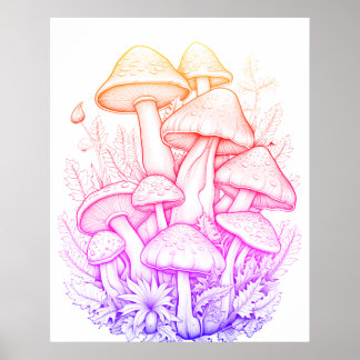 Poster Champignons arc-en-ciel sur fond noir sur un mur
