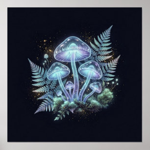 Poster Champignons bioluminescents Fougères Art fantastiq