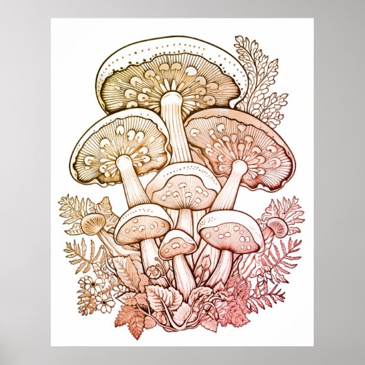 Poster Champignons Bown Clair sur Fond Noir sur un Mur (Devant)
