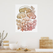 Poster Champignons Bown Clair sur Fond Noir sur un Mur (Cuisine)