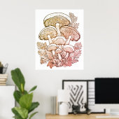 Poster Champignons Bown Clair sur Fond Noir sur un Mur (Bureau à domicile)