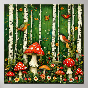 Poster Champignons de Conte de Fées et Oiseaux Forêt Ench