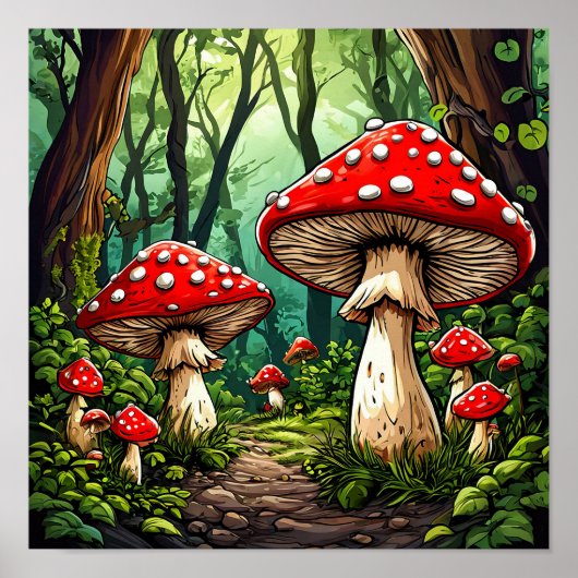 Poster Champignons de dessin animé de conte de fées Forêt (Devant)