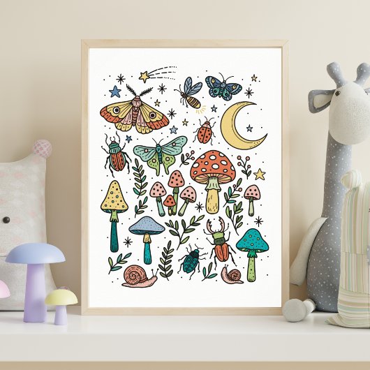 Poster Champignons et bugs Salle de nuit Forêt pour enfan