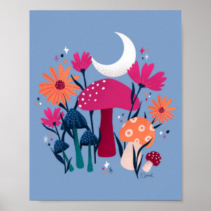 Poster Champignons et fleurs - pierre de lune bleu et ros