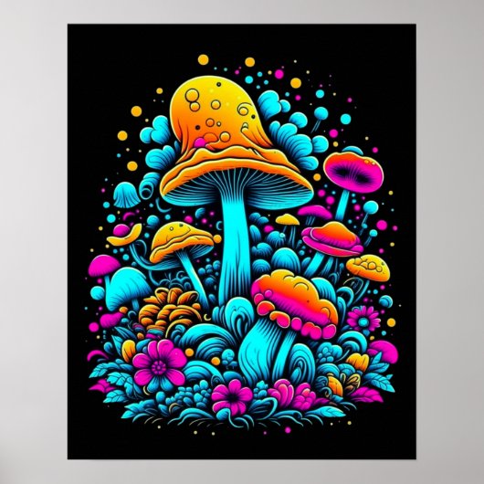 Poster Champignons et fleurs rétro Neon (Devant)