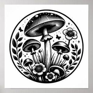 Poster Champignons et fleurs vintage 