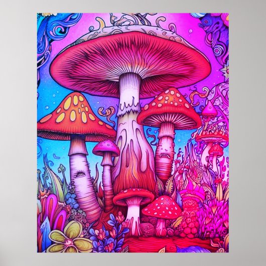Poster Champignons fantaisistes rouges + bleus + roses su (Devant)