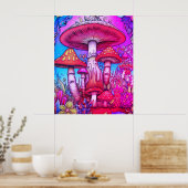 Poster Champignons fantaisistes rouges + bleus + roses su (Cuisine)