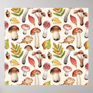 Poster Champignons Feuille : Motif d'illustration aquarel