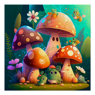 Poster Champignons fleurs vertes dans le champ