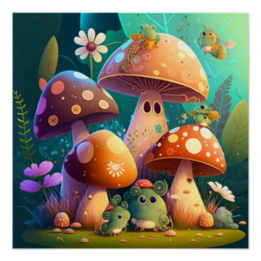 Poster Champignons fleurs vertes dans le champ (Devant)