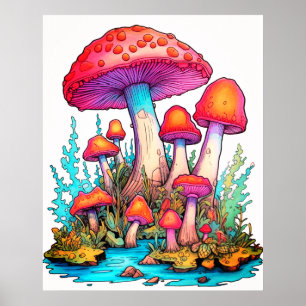 Poster Champignons Fond Blanc Mur