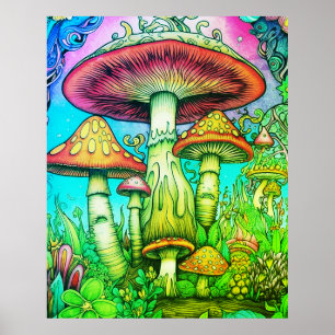 Poster Champignons Géants Rouges + Jaunes Fantaisistes Su