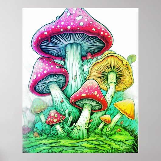 Poster Champignons géants sur fond blanc sur un mur (Devant)