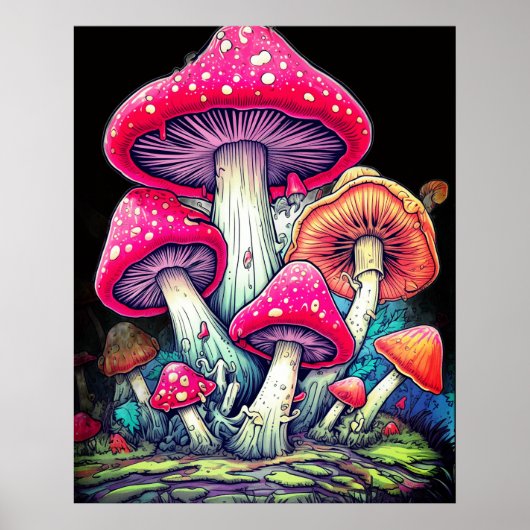 Poster Champignons heureux sur fond noir sur un mur (Devant)