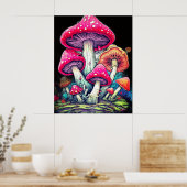 Poster Champignons heureux sur fond noir sur un mur (Cuisine)