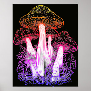 Poster Champignons psychédéliques fond noir sur un mur