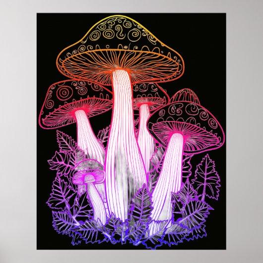 Poster Champignons psychédéliques fond noir sur un mur (Devant)